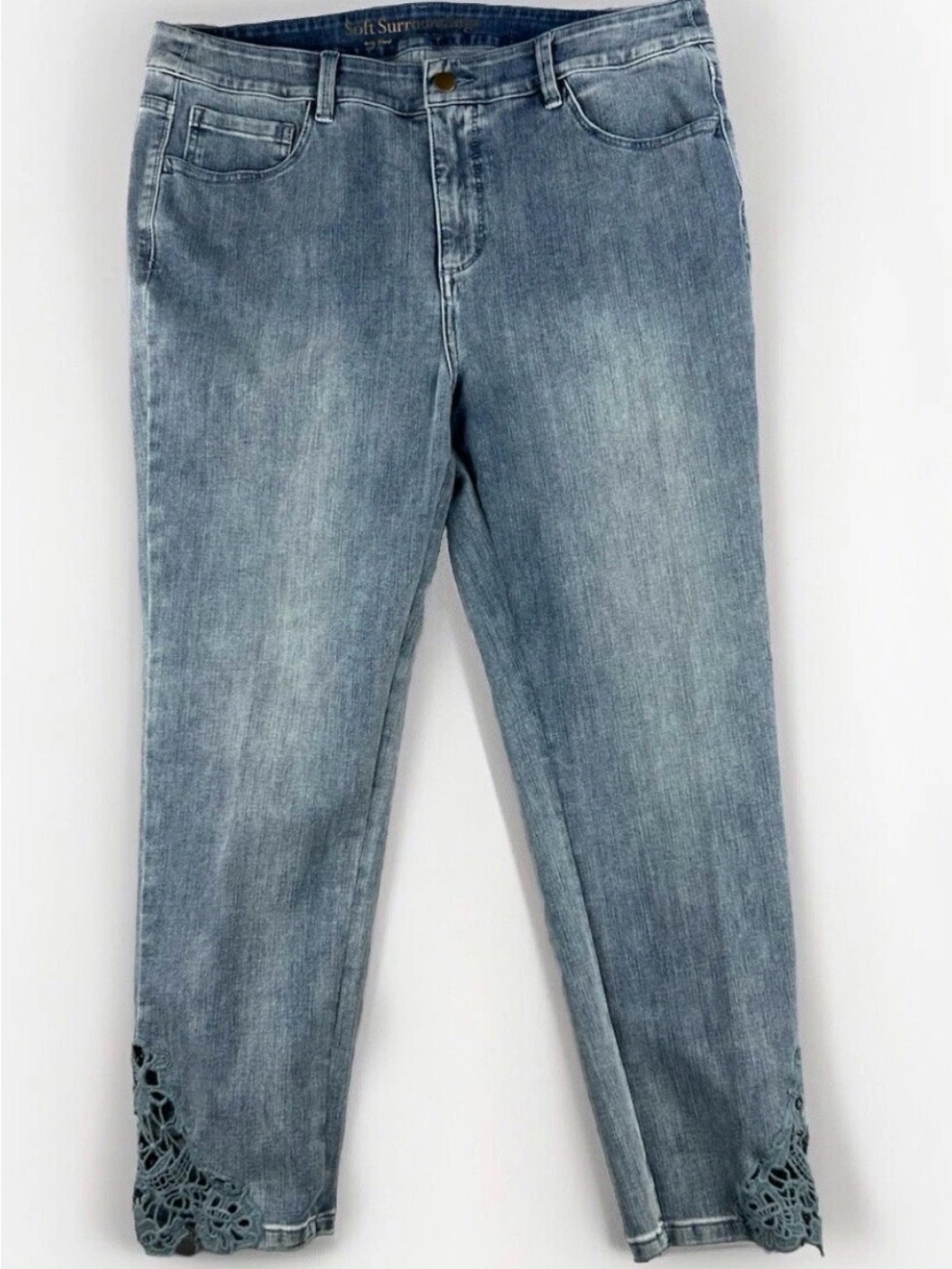 Soft Surroundings Women's Petite Jeans Plus Size 14P Light Wash Lace Hem Stretch
